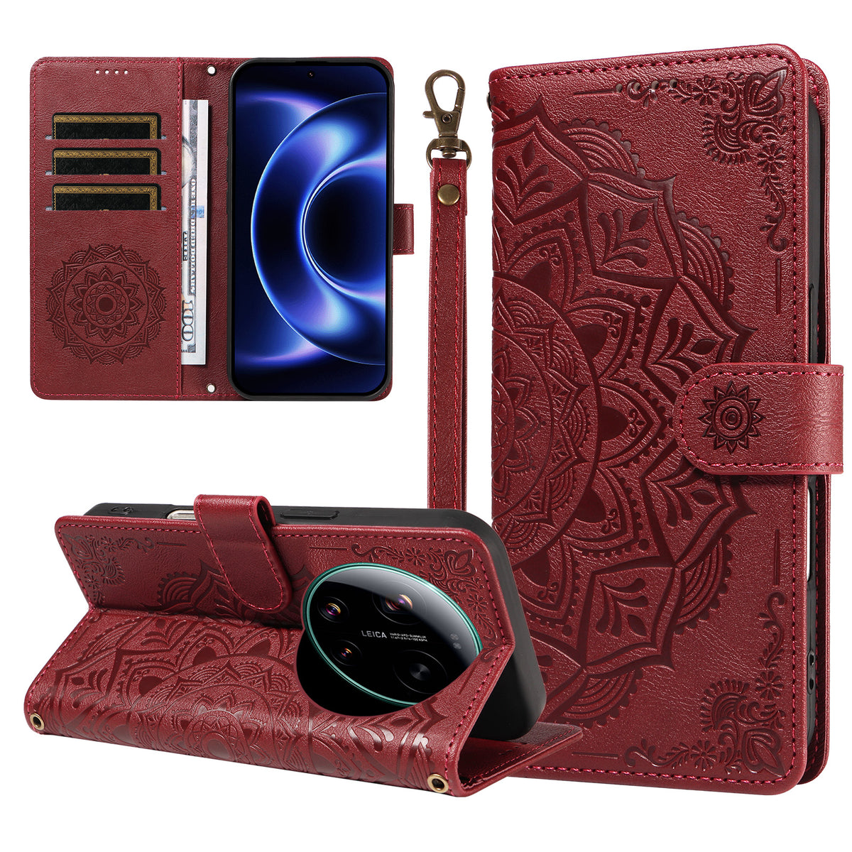 For Xiaomi 17 Ultra 5G Wallet Case Embossed Mandala Pattern PU Leather + TPU Cover with Wrist Strap