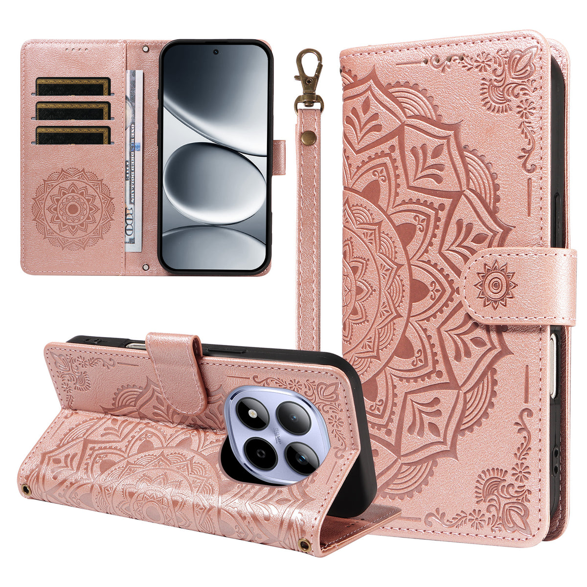 For Xiaomi Redmi Note 15 Pro 4G (Global) Wallet Case Embossed Mandala Pattern PU Leather + TPU Cover with Wrist Strap