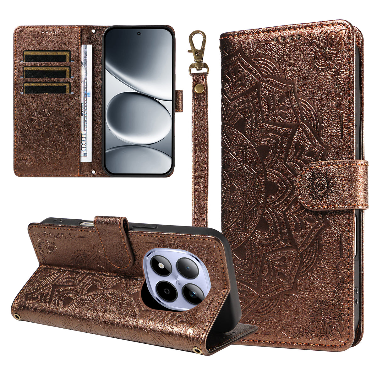 For Xiaomi Redmi Note 15 Pro 4G (Global) Wallet Case Embossed Mandala Pattern PU Leather + TPU Cover with Wrist Strap