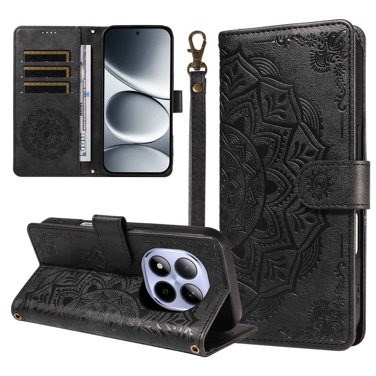 For Xiaomi Redmi Note 15 Pro 4G (Global) Wallet Case Embossed Mandala Pattern PU Leather + TPU Cover with Wrist Strap