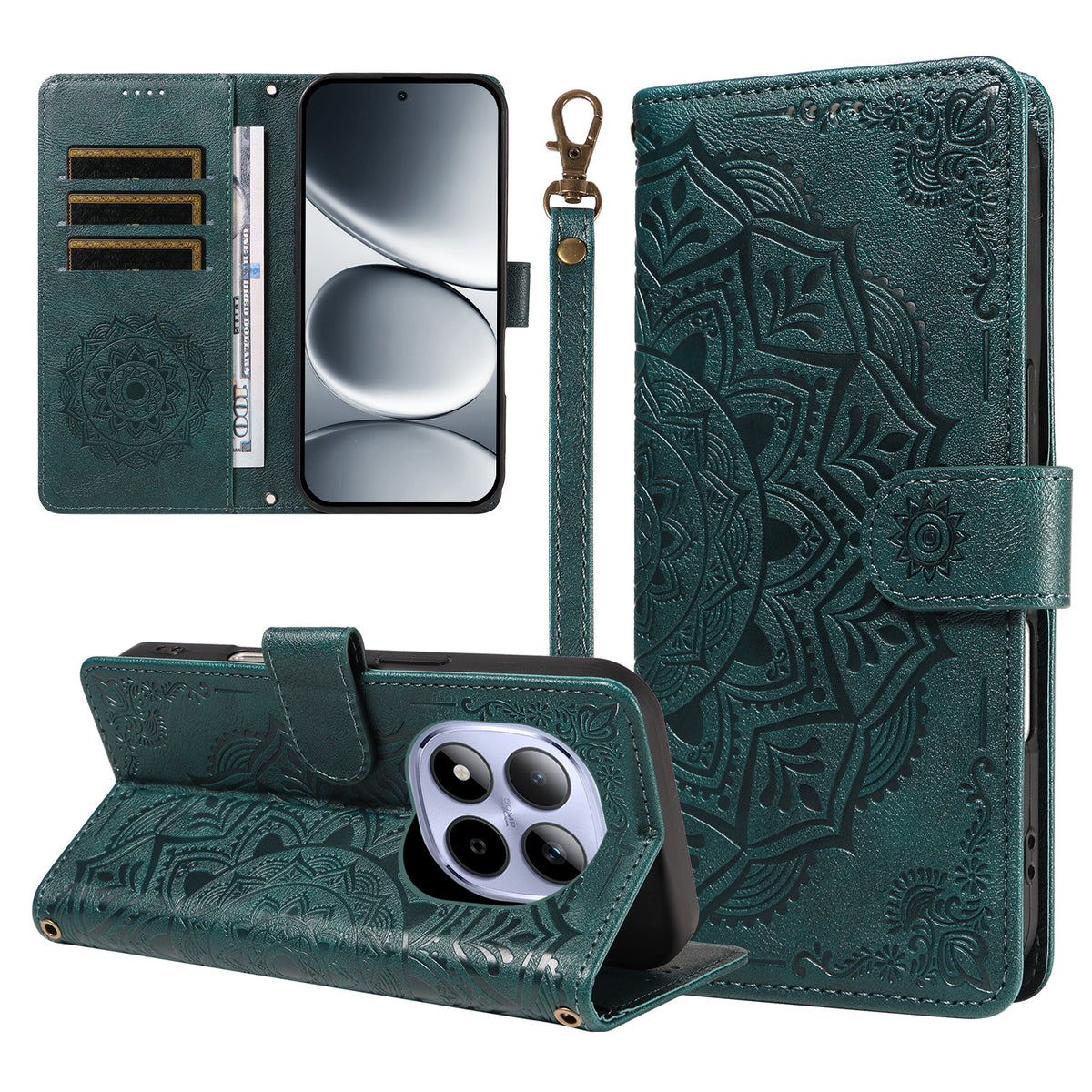 For Xiaomi Redmi Note 15 Pro 4G (Global) Wallet Case Embossed Mandala Pattern PU Leather + TPU Cover with Wrist Strap