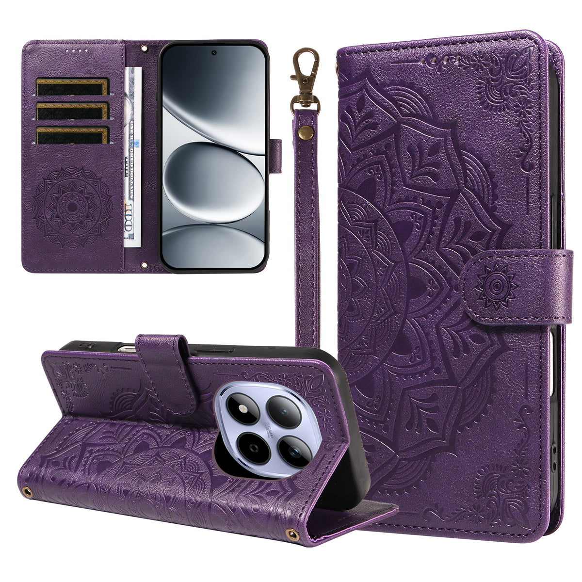 For Xiaomi Redmi Note 15 Pro 4G (Global) Wallet Case Embossed Mandala Pattern PU Leather + TPU Cover with Wrist Strap