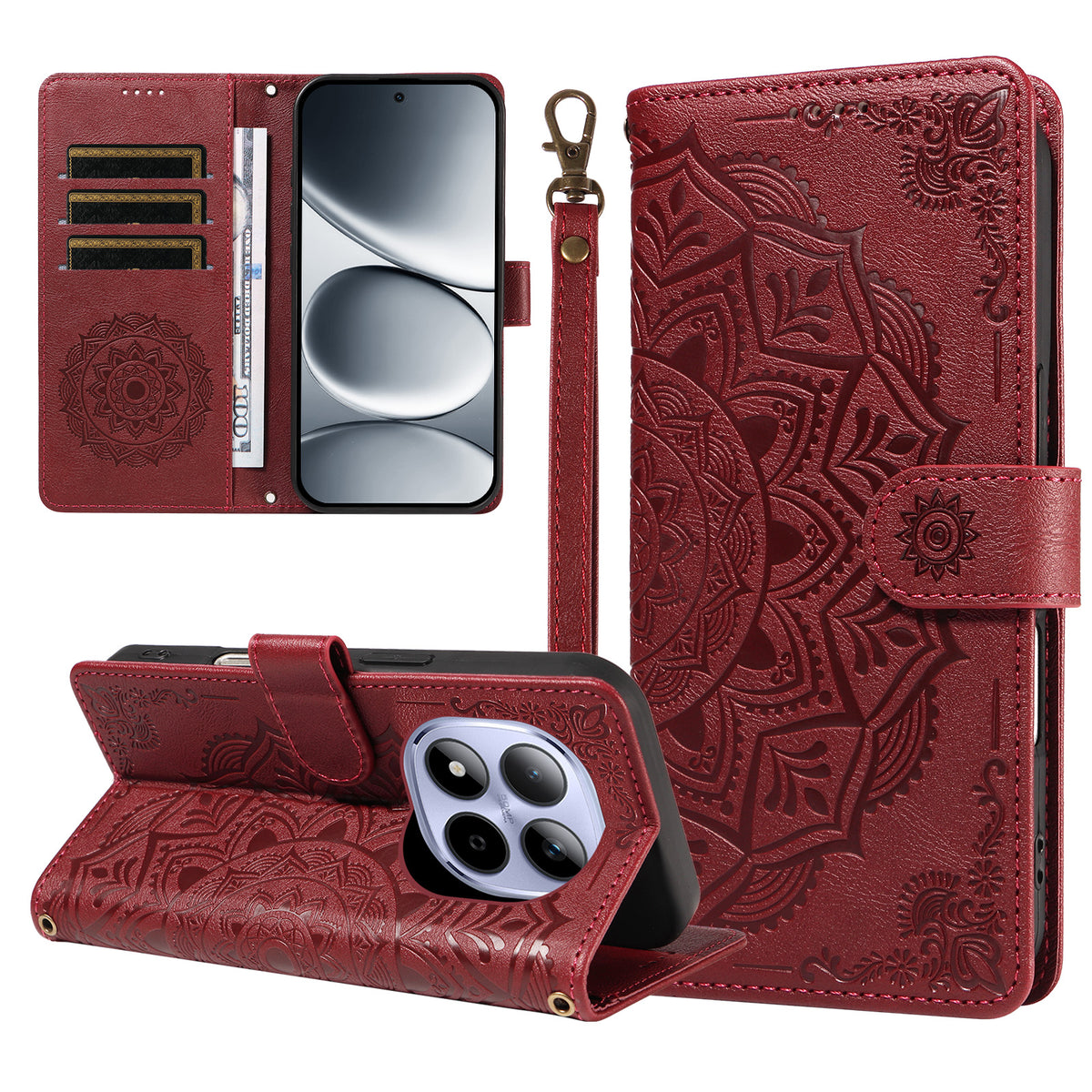 For Xiaomi Redmi Note 15 Pro 4G (Global) Wallet Case Embossed Mandala Pattern PU Leather + TPU Cover with Wrist Strap