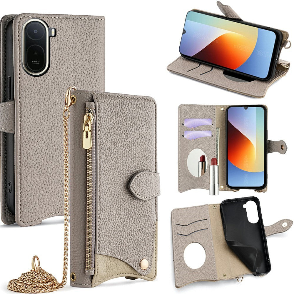 For Xiaomi Poco C85x 5G / Redmi A7 Pro 4G (171.56mm) Leather Case Wallet Stand Cover Irregular Tail Style with Chain Strap