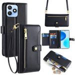 For Honor X8d 4G Leather Case Zipper Pocket Wallet Phone Cover with 2 Straps
