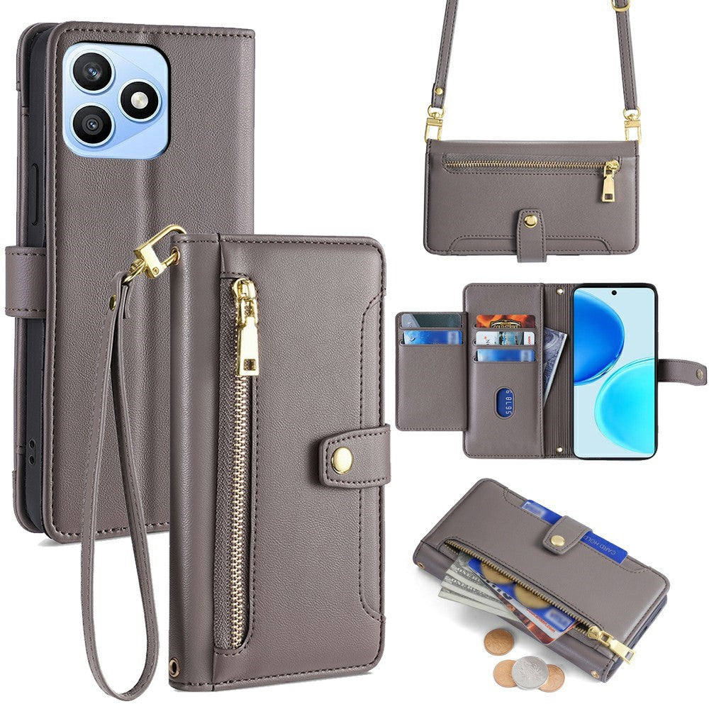 For Honor X8d 4G Leather Case Zipper Pocket Wallet Phone Cover with 2 Straps