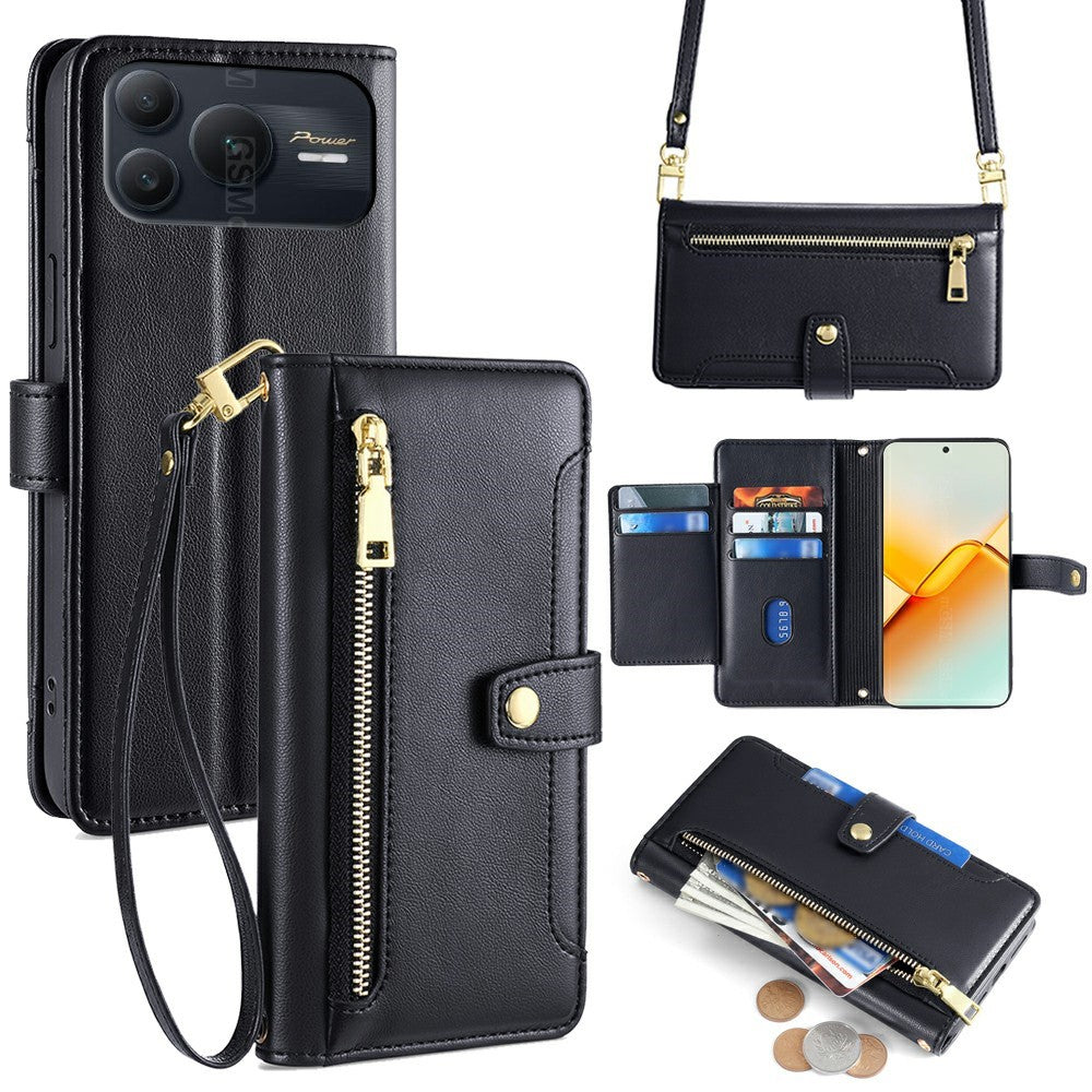 For Honor Power2 5G Leather Case Zipper Pocket Wallet Phone Cover with 2 Straps