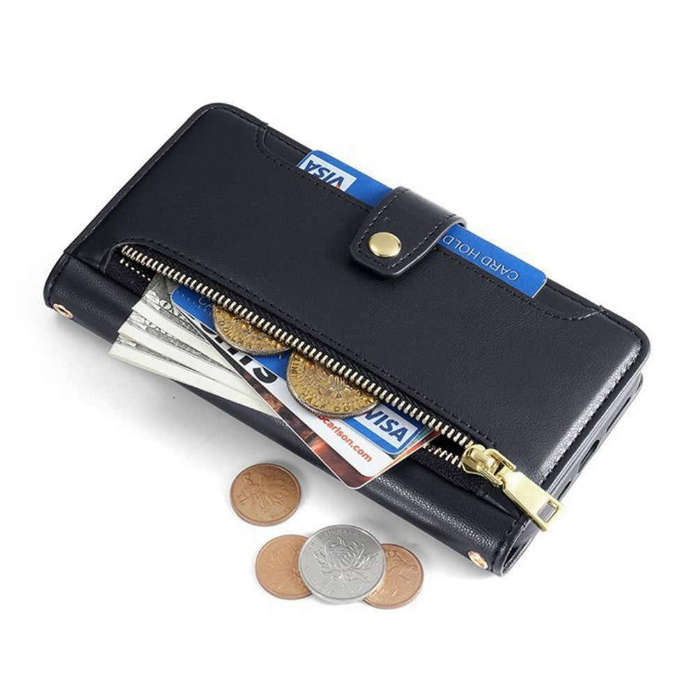 For Honor Power2 5G Leather Case Zipper Pocket Wallet Phone Cover with 2 Straps