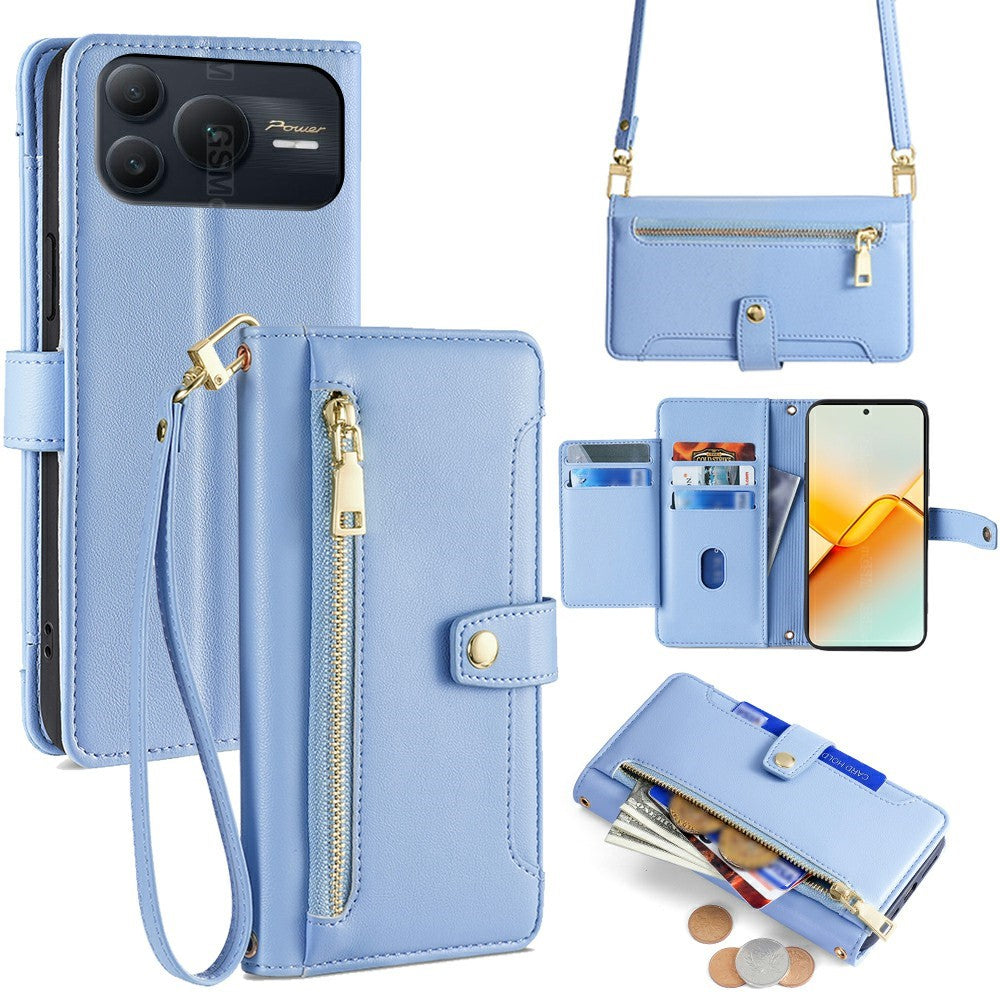 For Honor Power2 5G Leather Case Zipper Pocket Wallet Phone Cover with 2 Straps