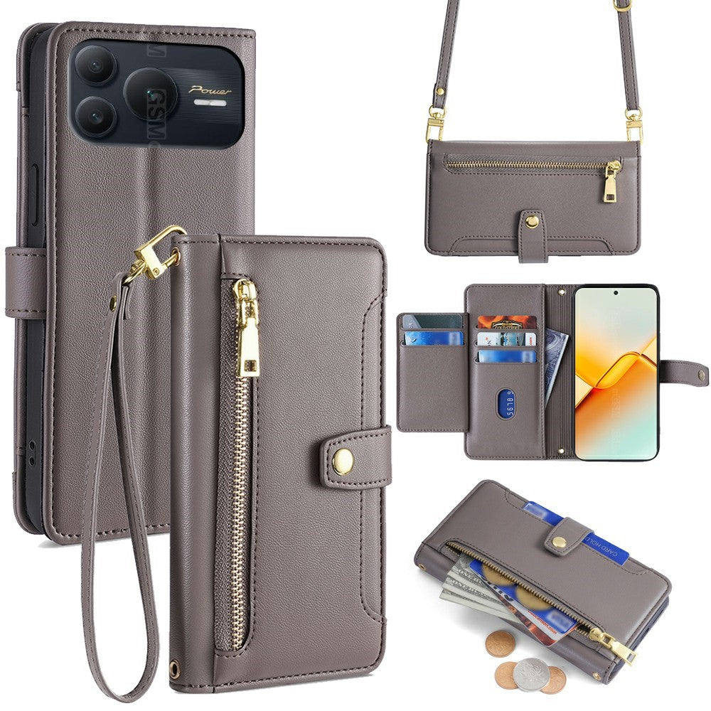 For Honor Power2 5G Leather Case Zipper Pocket Wallet Phone Cover with 2 Straps