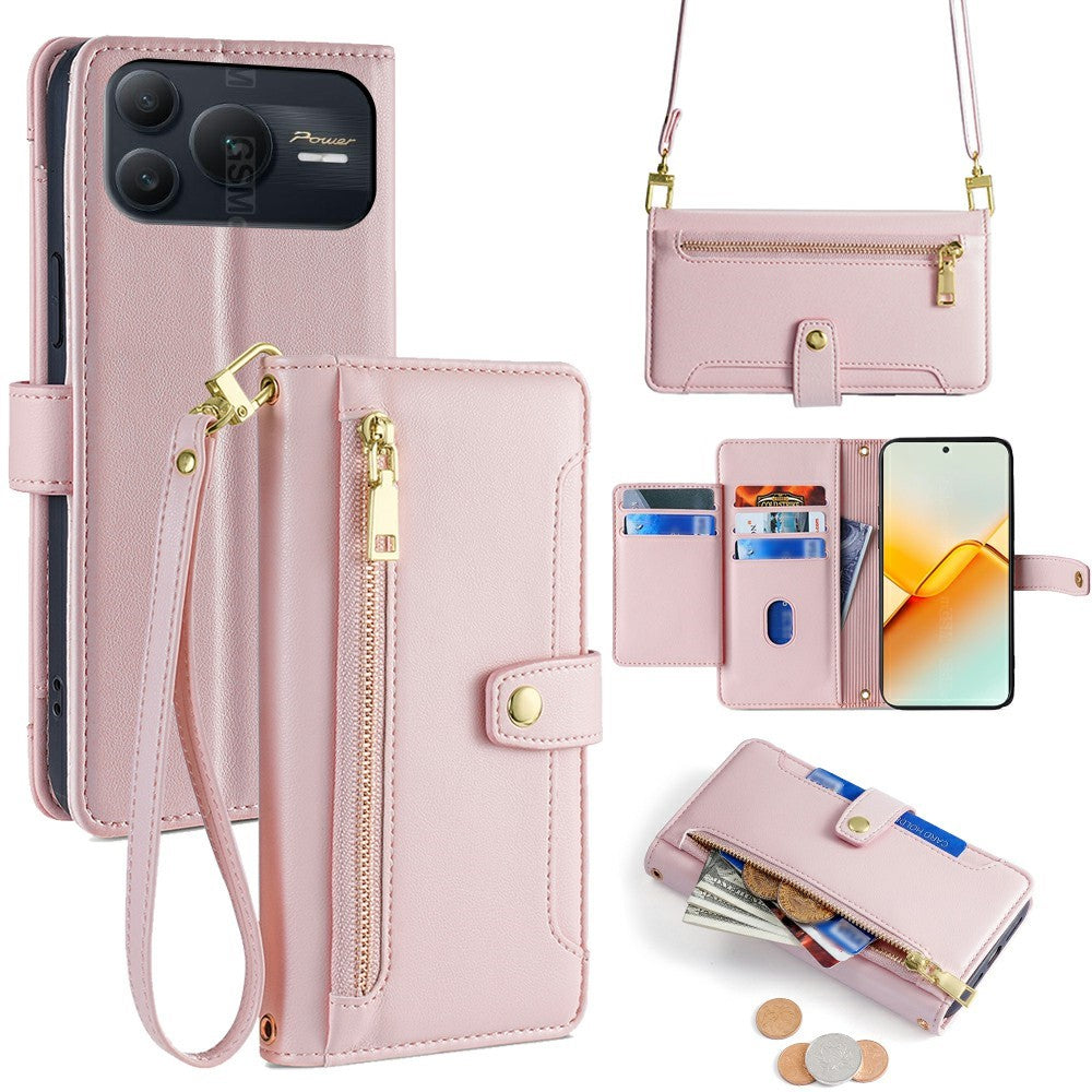 For Honor Power2 5G Leather Case Zipper Pocket Wallet Phone Cover with 2 Straps