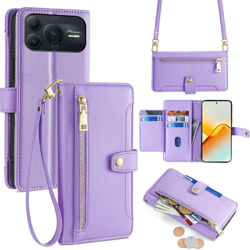 For Honor Power2 5G Leather Case Zipper Pocket Wallet Phone Cover with 2 Straps