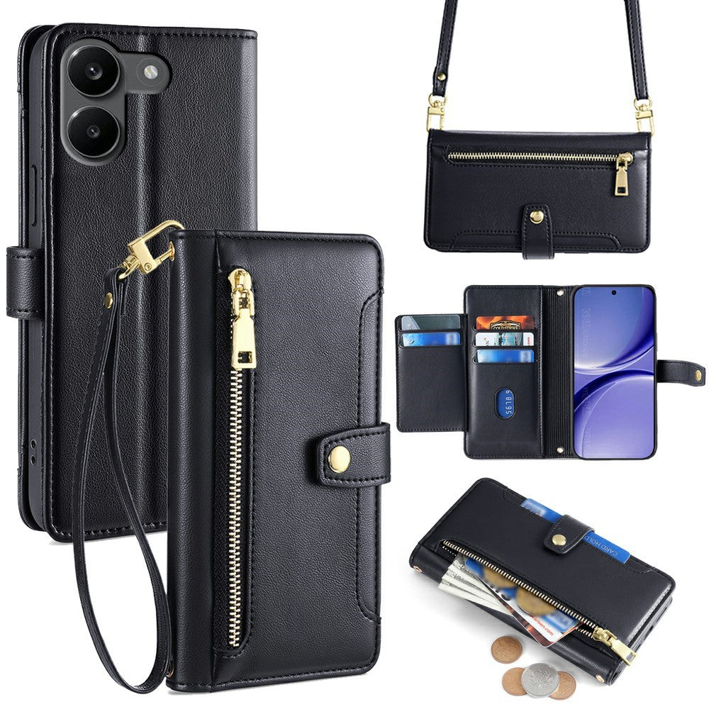 For Xiaomi Redmi Turbo 5 5G Leather Case Zipper Pocket Wallet Phone Cover with 2 Straps