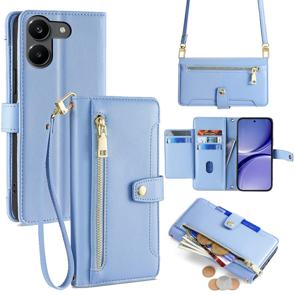 For Xiaomi Redmi Turbo 5 5G Leather Case Zipper Pocket Wallet Phone Cover with 2 Straps
