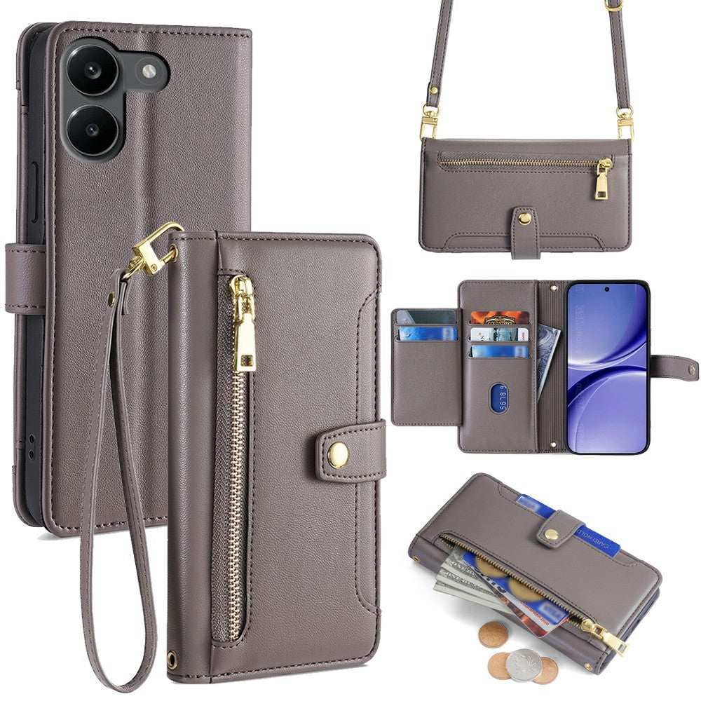 For Xiaomi Redmi Turbo 5 5G Leather Case Zipper Pocket Wallet Phone Cover with 2 Straps