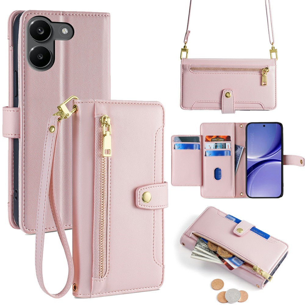 For Xiaomi Redmi Turbo 5 5G Leather Case Zipper Pocket Wallet Phone Cover with 2 Straps