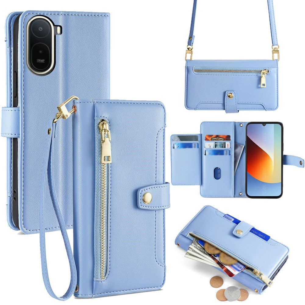 Xiaomi Poco C85x 5G / Redmi A7 Pro 4G (171.56mm) Läderfodral Blixtlåsficka Plånboksfodral med 2 Remmar