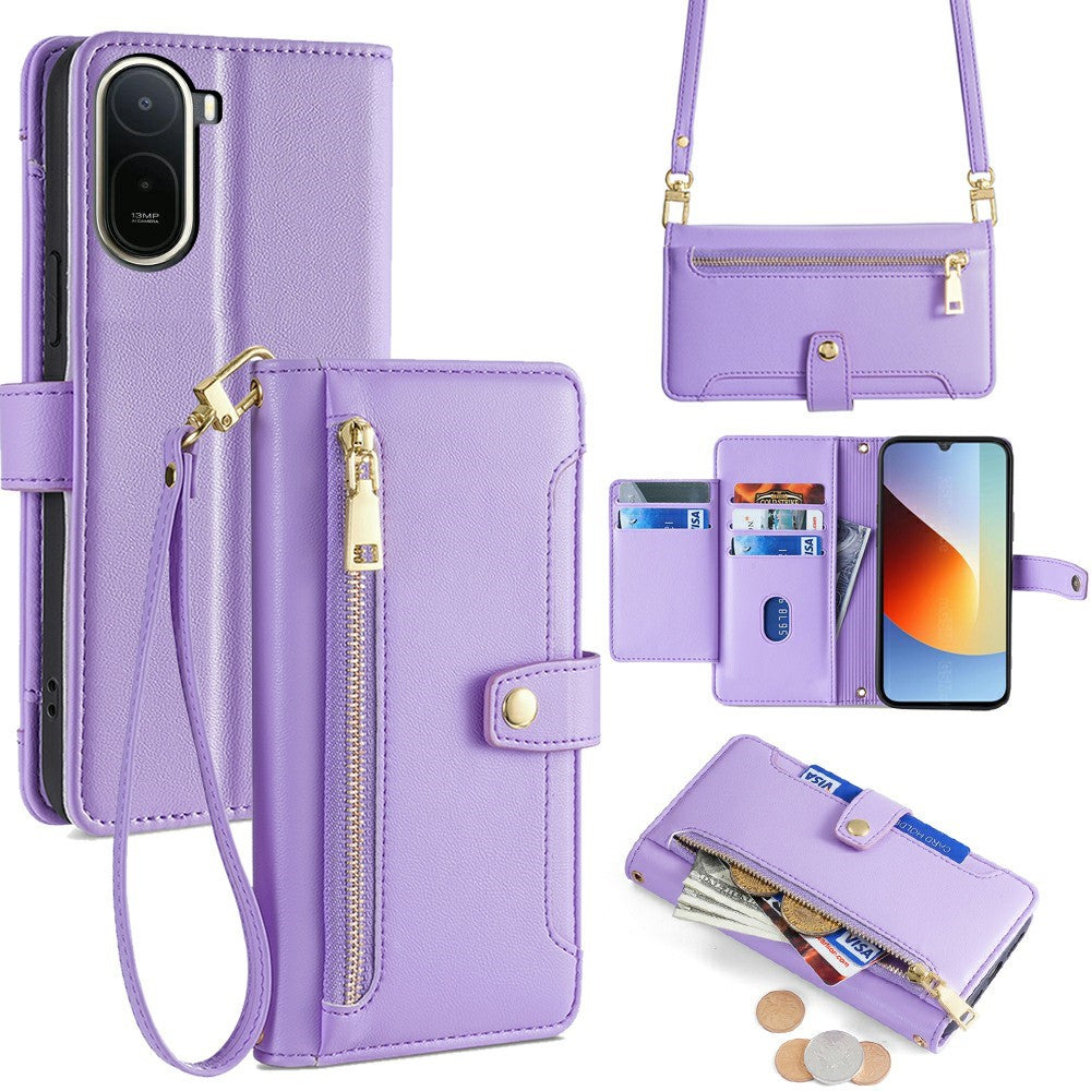 Xiaomi Poco C85x 5G / Redmi A7 Pro 4G (171.56mm) Läderfodral Blixtlåsficka Plånboksfodral med 2 Remmar