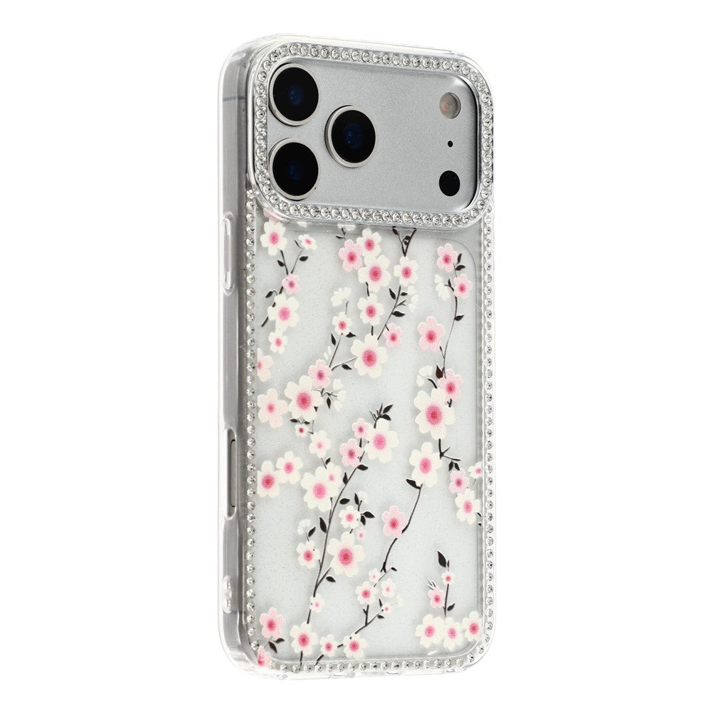 Til iPhone 18 Pro Max / 17 Pro Max Cover med Rhinstenskant Blomst TPU + PC IMD Telefoncover