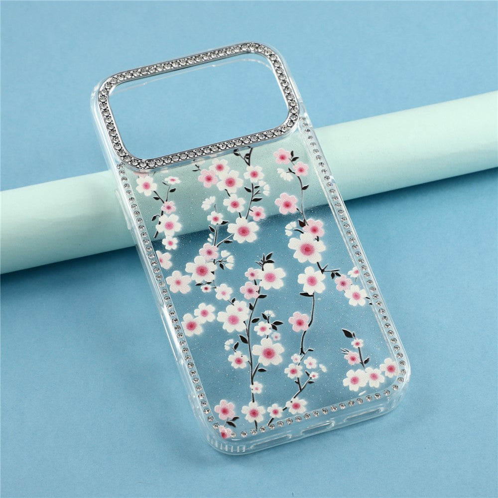 For iPhone 18 Pro Max / 17 Pro Max Case Rhinestone Edge Flower TPU + PC IMD Phone Cover