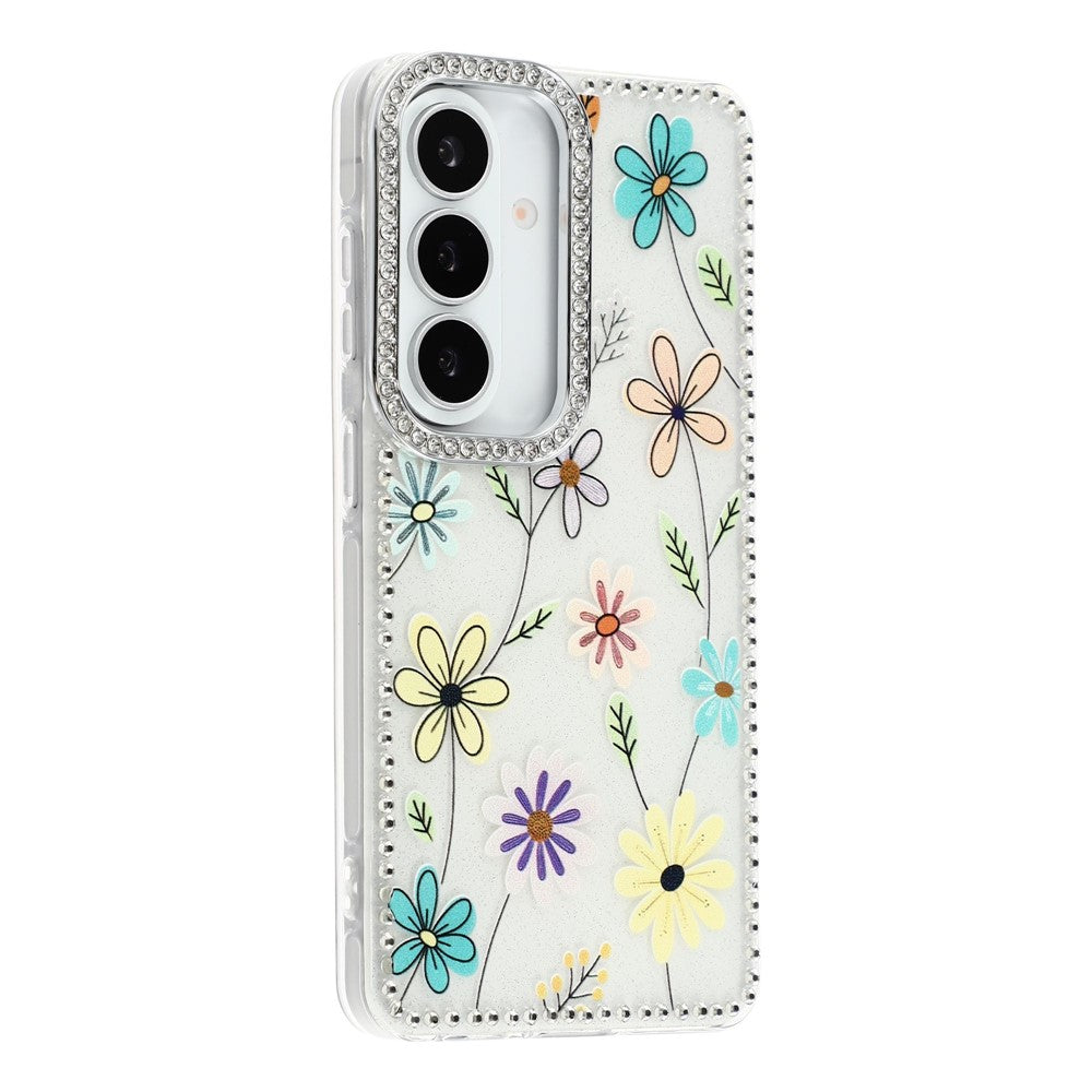 Cover til Samsung Galaxy S26 med rhinstenkant og blomst, TPU + PC IMD-cover