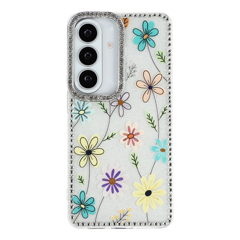 Cover til Samsung Galaxy S26 med rhinstenkant og blomst, TPU + PC IMD-cover