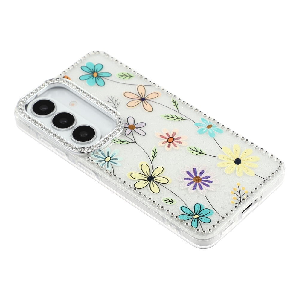 Cover til Samsung Galaxy S26 med rhinstenkant og blomst, TPU + PC IMD-cover