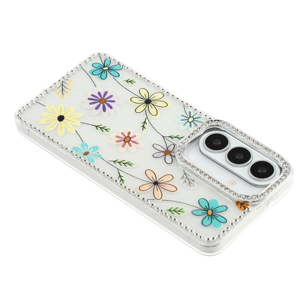 Cover til Samsung Galaxy S26 med rhinstenkant og blomst, TPU + PC IMD-cover