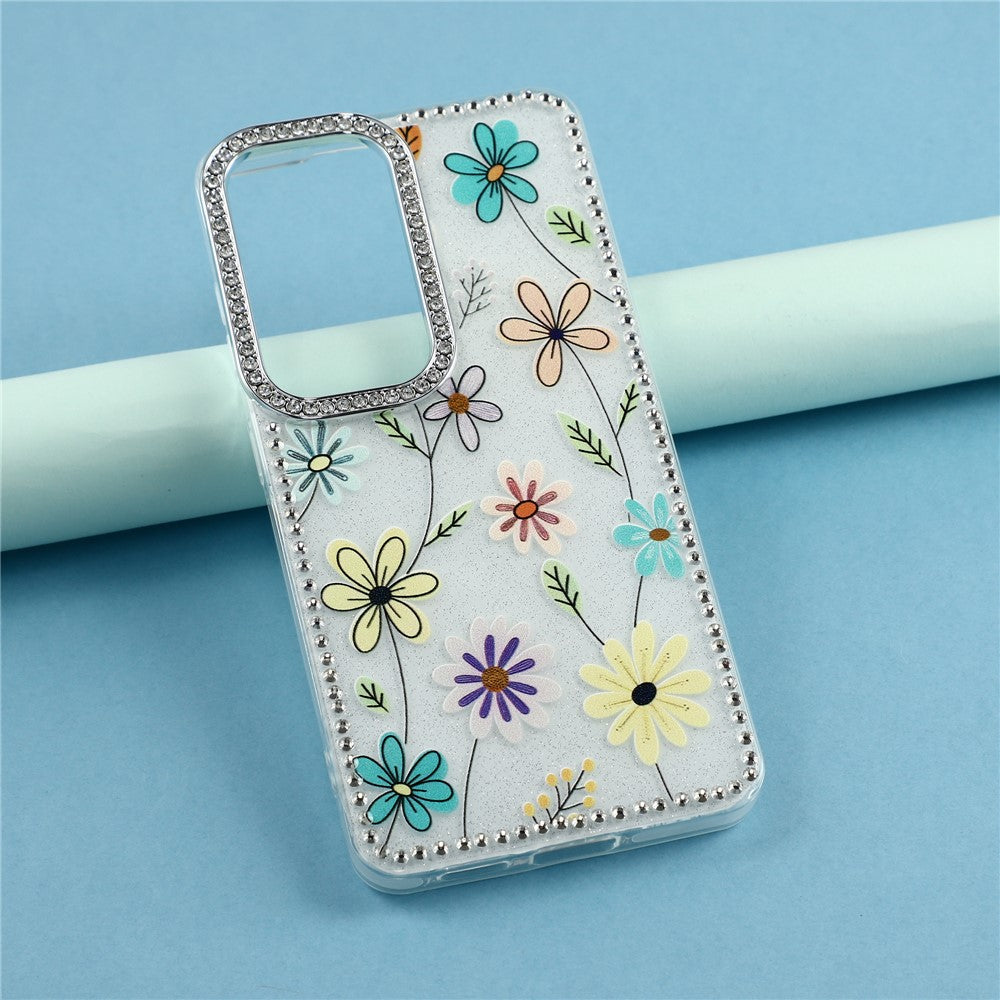 Cover til Samsung Galaxy S26 med rhinstenkant og blomst, TPU + PC IMD-cover