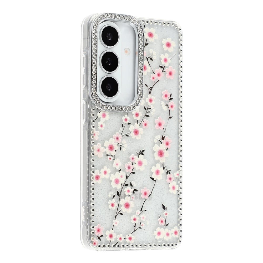 Cover til Samsung Galaxy S26 med rhinstenkant og blomst, TPU + PC IMD-cover