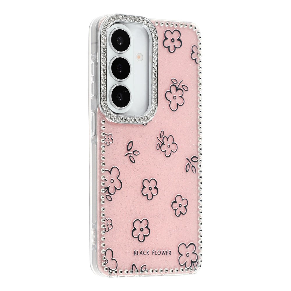 Cover til Samsung Galaxy S26 med rhinstenkant og blomst, TPU + PC IMD-cover