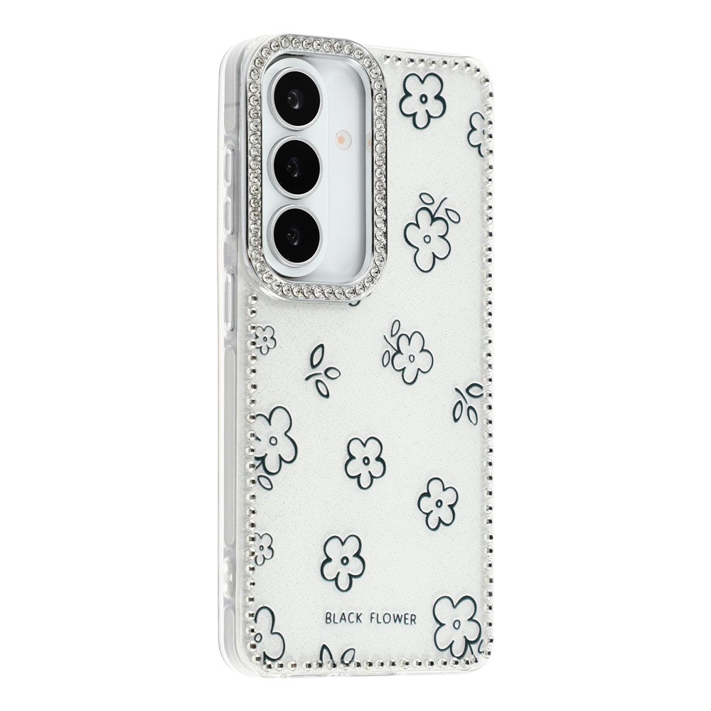 Cover til Samsung Galaxy S26 med rhinstenkant og blomst, TPU + PC IMD-cover