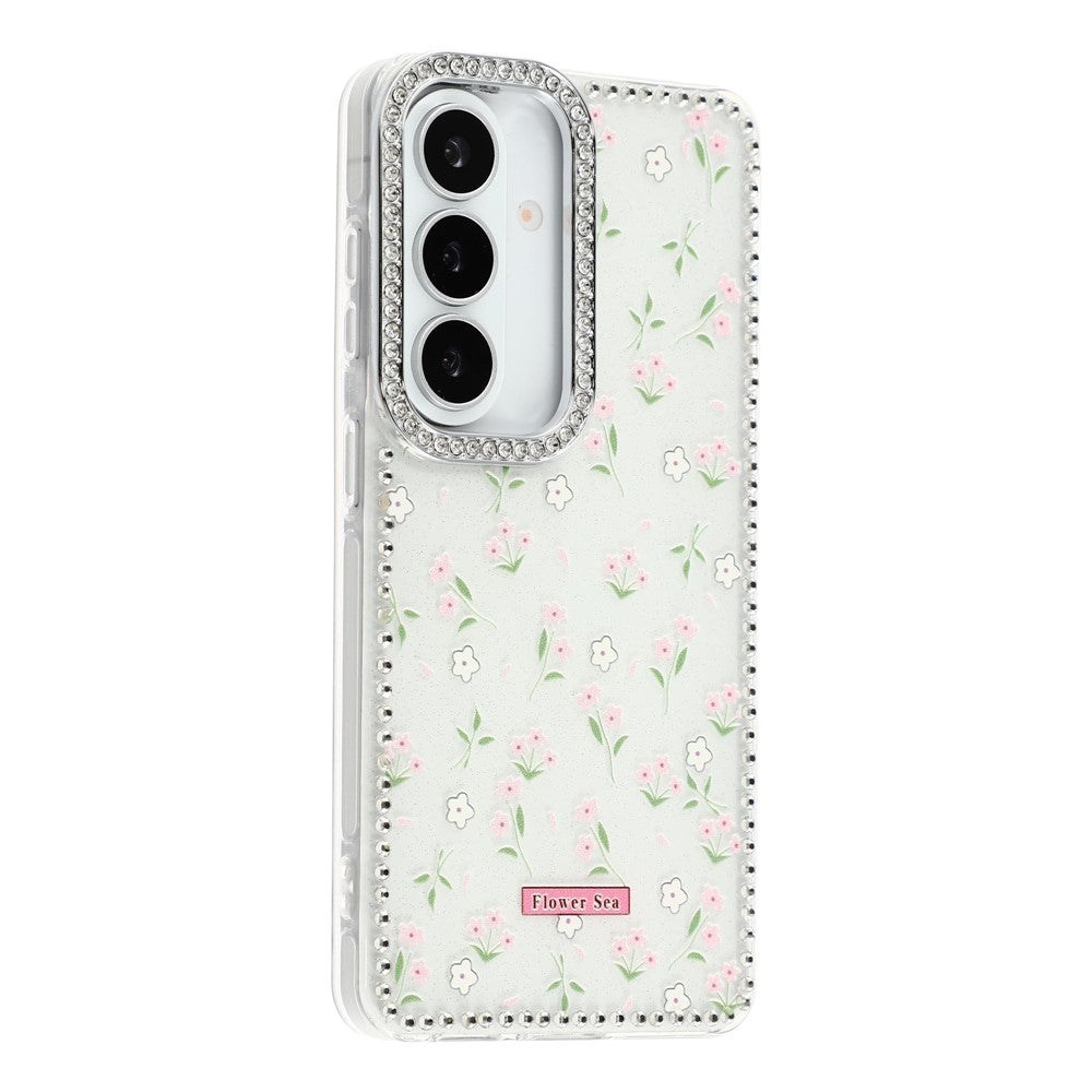 Cover til Samsung Galaxy S26 med rhinstenkant og blomst, TPU + PC IMD-cover