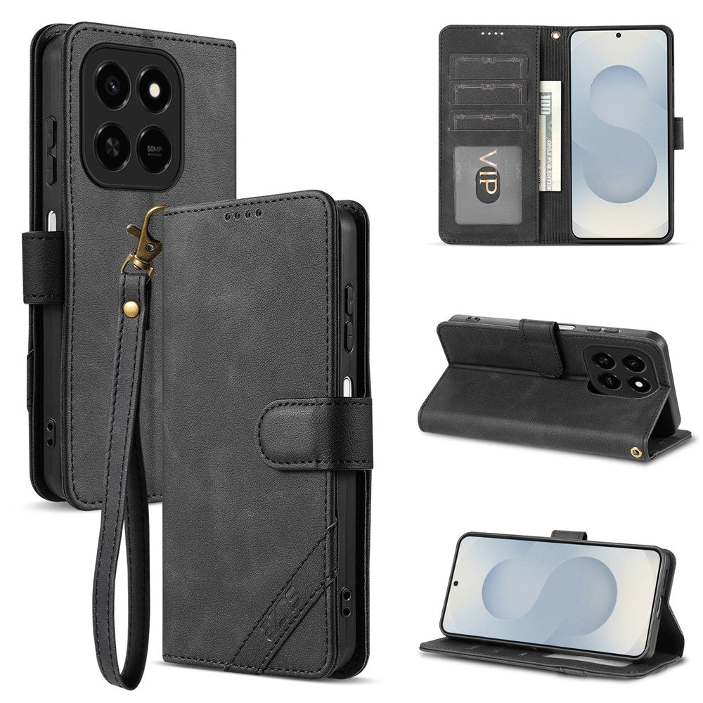 AZNS A2 Leather Case for Honor 400 Smart 5G  /  400 Smart 4G  /  X7d 4G  /  Play10T 5G  /  Play 80 Pro 5G RFID Blocking Wallet Stand Phone Cover with Wrist Strap