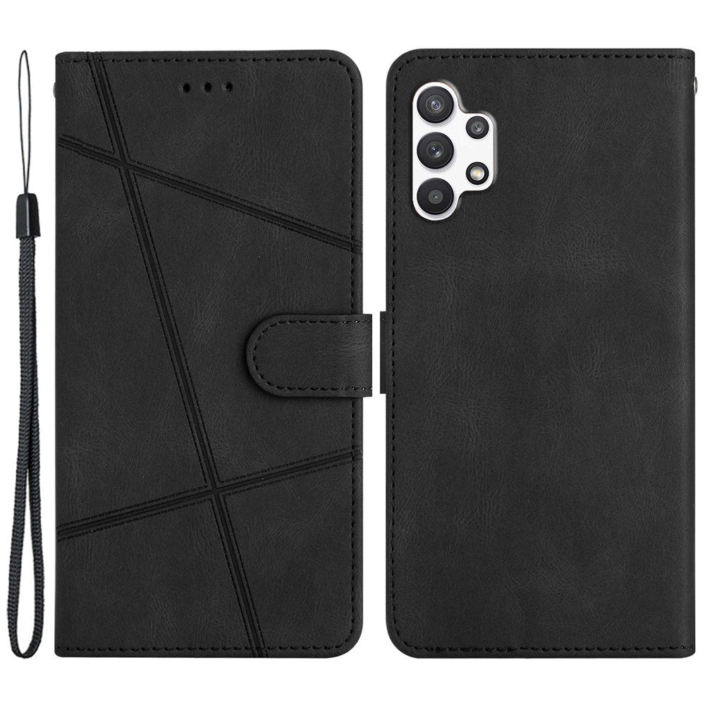 For Samsung Galaxy A32 5G / M32 5G Imprinted Lines PU Leather Phone Cover Magnetic Closure Stand Crazy Horse Texture Protective Flip Wallet Case with Strap