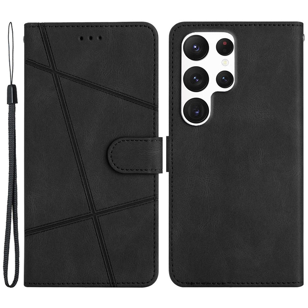 For Samsung Galaxy S22 Ultra 5G Crazy Horse Texture PU Leather Flip Phone Case Imprinted Lines Stand Magnetic Clasp Wallet Cover with Strap