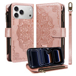 For iPhone 18 Pro / 17 Pro Wallet Case 9 Card Slots RFID Blocking Mandala Embossed Leather Flip Cover with Wrist Strap