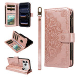 For iPhone 18 Pro / 17 Pro Wallet Case 9 Card Slots RFID Blocking Mandala Embossed Leather Flip Cover with Wrist Strap