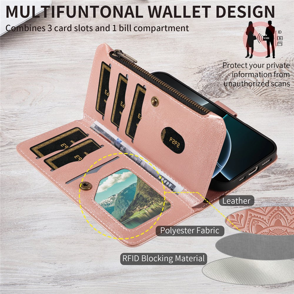 For iPhone 18 Pro / 17 Pro Wallet Case 9 Card Slots RFID Blocking Mandala Embossed Leather Flip Cover with Wrist Strap