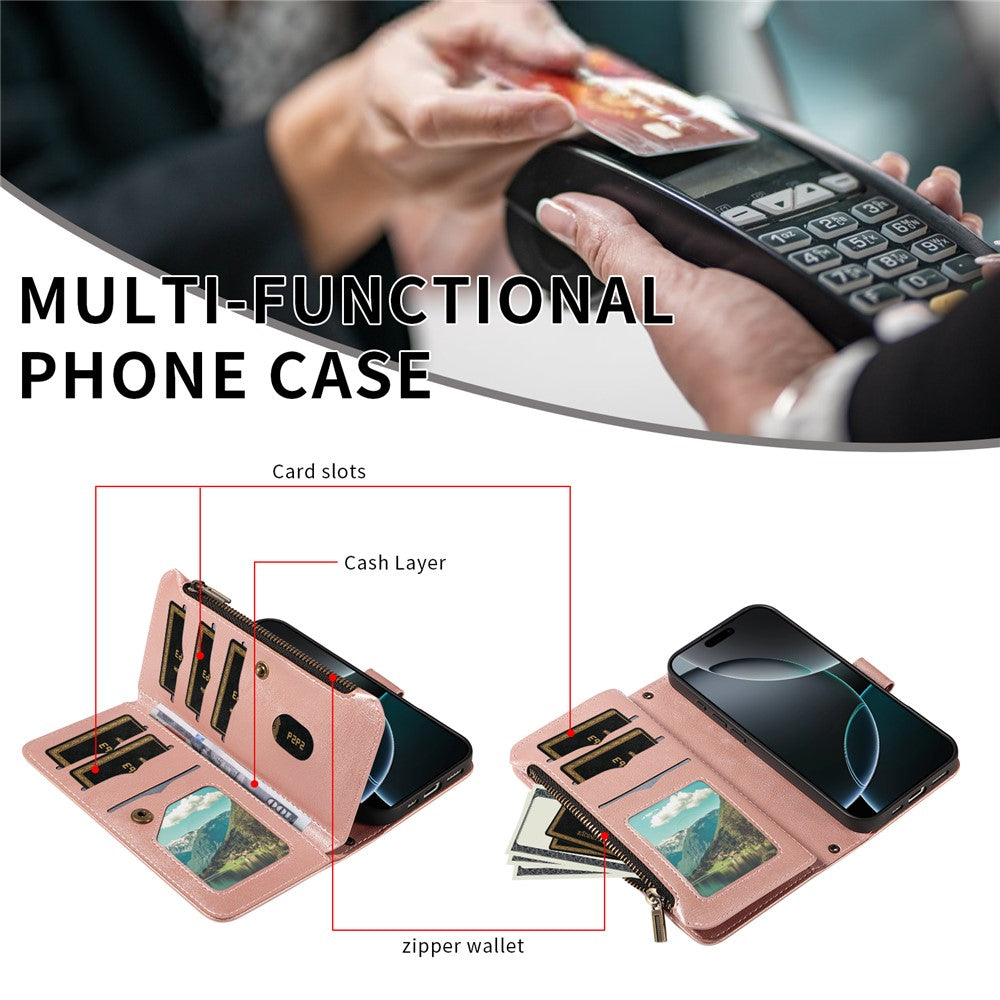 For iPhone 18 Pro / 17 Pro Wallet Case 9 Card Slots RFID Blocking Mandala Embossed Leather Flip Cover with Wrist Strap