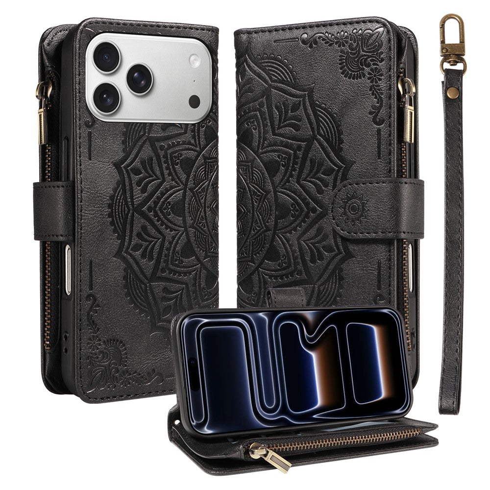 For iPhone 18 Pro / 17 Pro Wallet Case 9 Card Slots RFID Blocking Mandala Embossed Leather Flip Cover with Wrist Strap