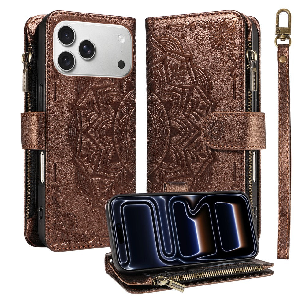 For iPhone 18 Pro / 17 Pro Wallet Case 9 Card Slots RFID Blocking Mandala Embossed Leather Flip Cover with Wrist Strap