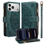 For iPhone 18 Pro / 17 Pro Wallet Case 9 Card Slots RFID Blocking Mandala Embossed Leather Flip Cover with Wrist Strap