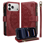 For iPhone 18 Pro / 17 Pro Wallet Case 9 Card Slots RFID Blocking Mandala Embossed Leather Flip Cover with Wrist Strap