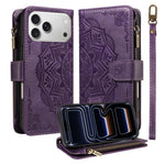For iPhone 18 Pro / 17 Pro Wallet Case 9 Card Slots RFID Blocking Mandala Embossed Leather Flip Cover with Wrist Strap