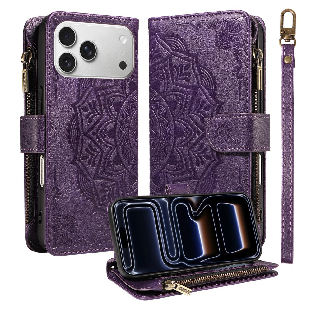 For iPhone 18 Pro / 17 Pro Wallet Case 9 Card Slots RFID Blocking Mandala Embossed Leather Flip Cover with Wrist Strap