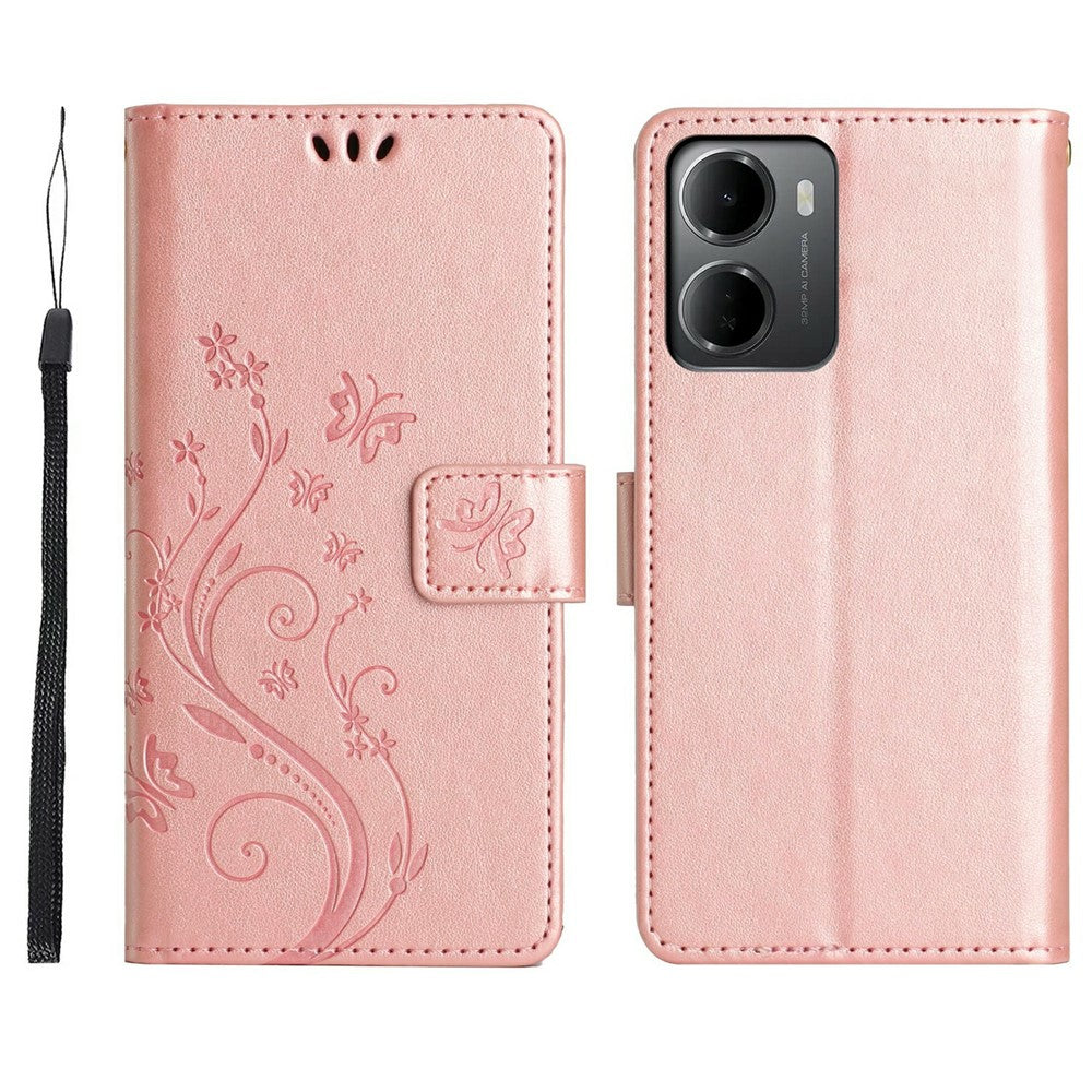 For Xiaomi Redmi 15a 5G Leather Wallet Case Butterfly Flower Imprinted Phone Cover with Strap