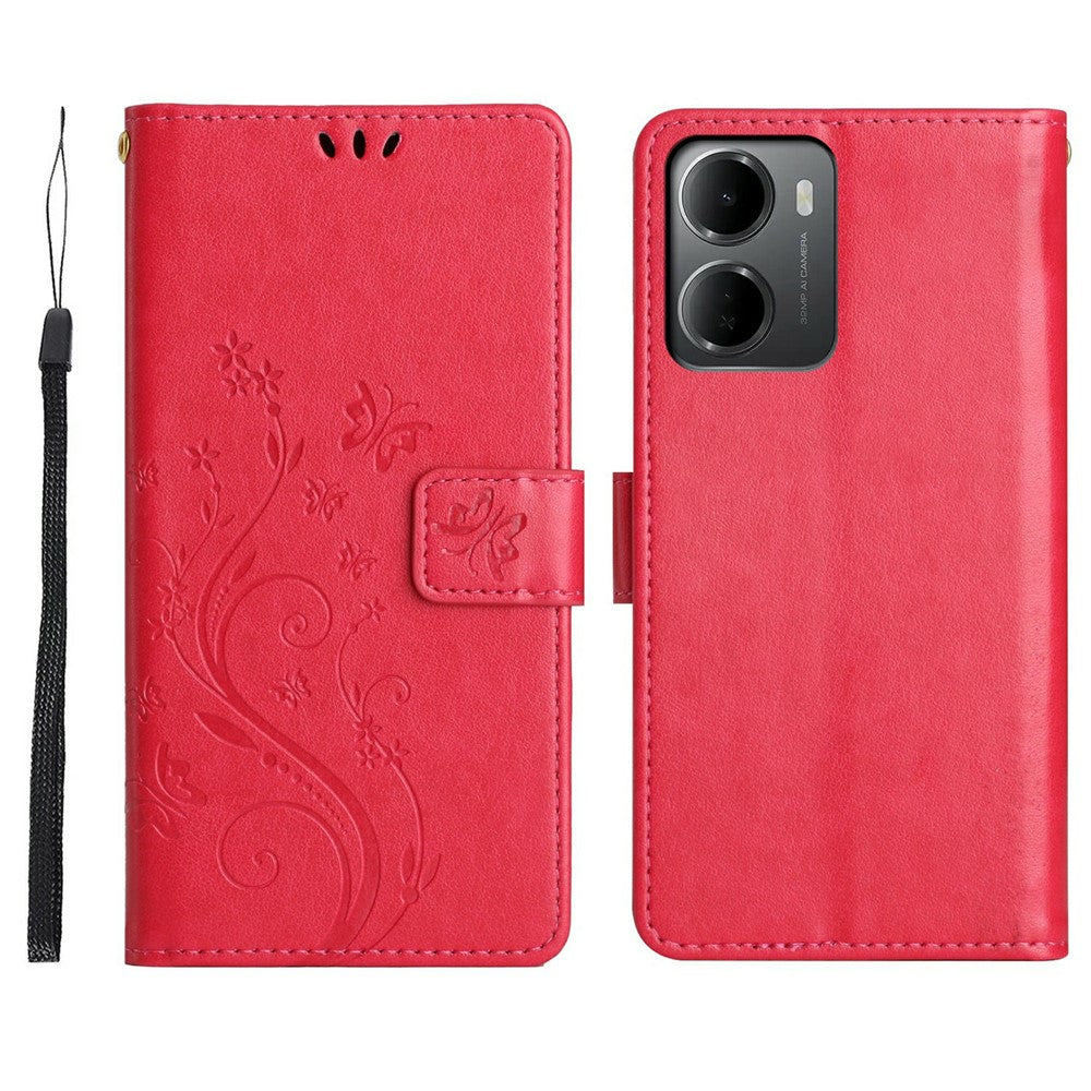 For Xiaomi Redmi 15a 5G Leather Wallet Case Butterfly Flower Imprinted Phone Cover with Strap