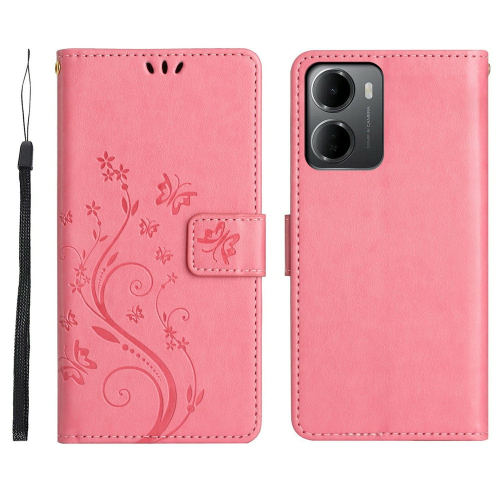 For Xiaomi Redmi 15a 5G Leather Wallet Case Butterfly Flower Imprinted Phone Cover with Strap