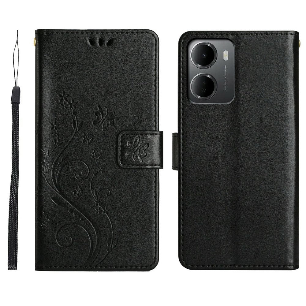 For Xiaomi Redmi 15a 5G Leather Wallet Case Butterfly Flower Imprinted Phone Cover with Strap